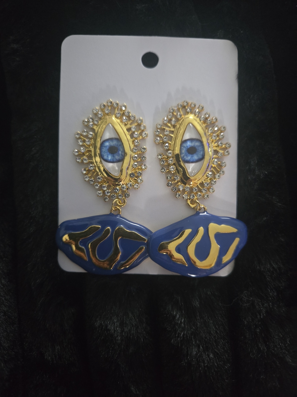 Schiaparelli Inspired Gold and Blue Enamel Eye Drop Earrings by